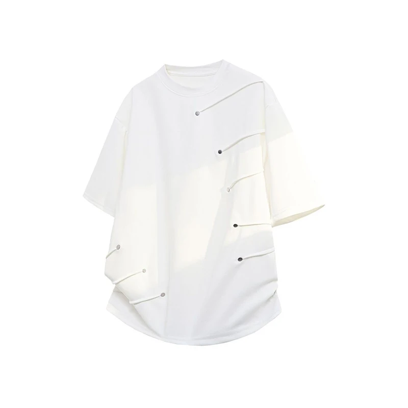 Men American High Street Deconstruct Rivet Pleated Gradient T-shirt Summer O Neck Loose Short Sleeve Unique Designer Casual Top