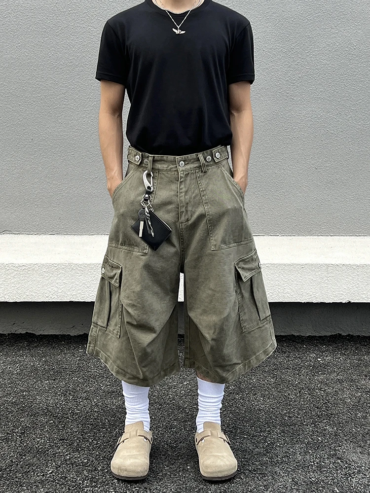 

BLAEXIT American Retro Vintage Multi-ket Loose Men's orts Casual Wide Leg Workwear Pants Seven-Foot Length Summer Leisure