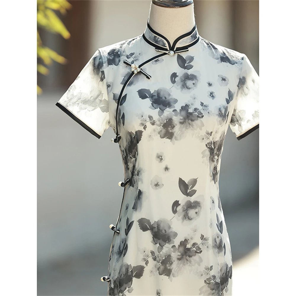 

Black Ink Ancient Cheongsam Improved New Chinese Style Retro High-end Young Girl Summer Qipao Dress Evening Party Gown Chinoise