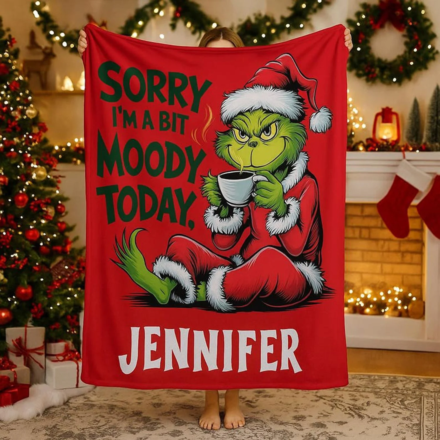 Personalisierte Weihnachtsdecke mit individuellem Namen, superweiche, gemütliche Sofa-Decke mit Cartoon-Motiv, personalisierte lustige Wohndecke für Weihnachten – Detail 1