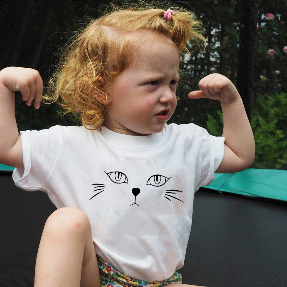 Милые рубашки для девочек, футболки с короткими рукавами и рисунком кота, повседневная хлопковая футболка с круглым вырезом, детские летние топы, одежда