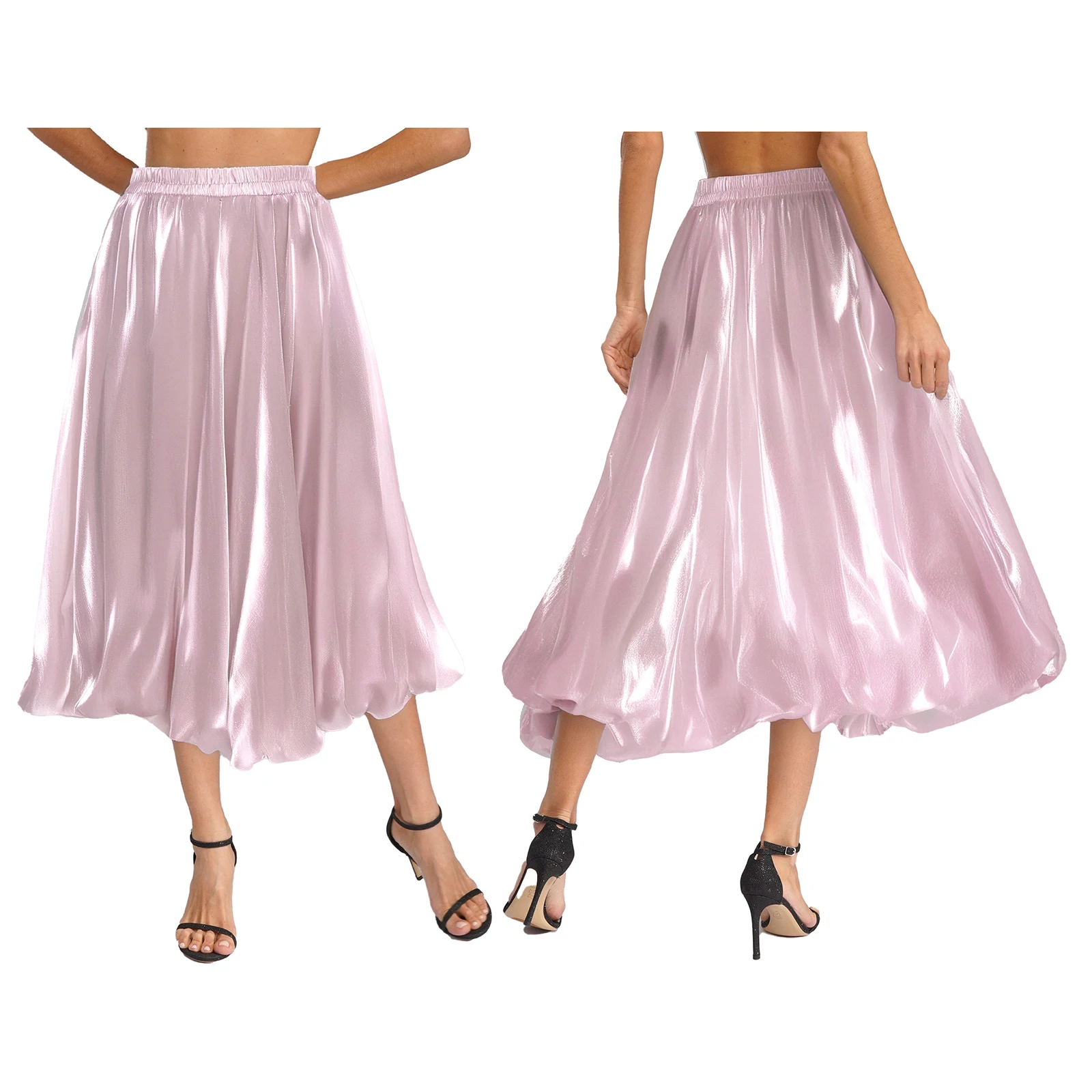 Women Goddess Bright Silk Light Luxury Fashion Lantern Shape Flower Bud Skirt Solid Color Skirt for Party Banquet Daily Wear