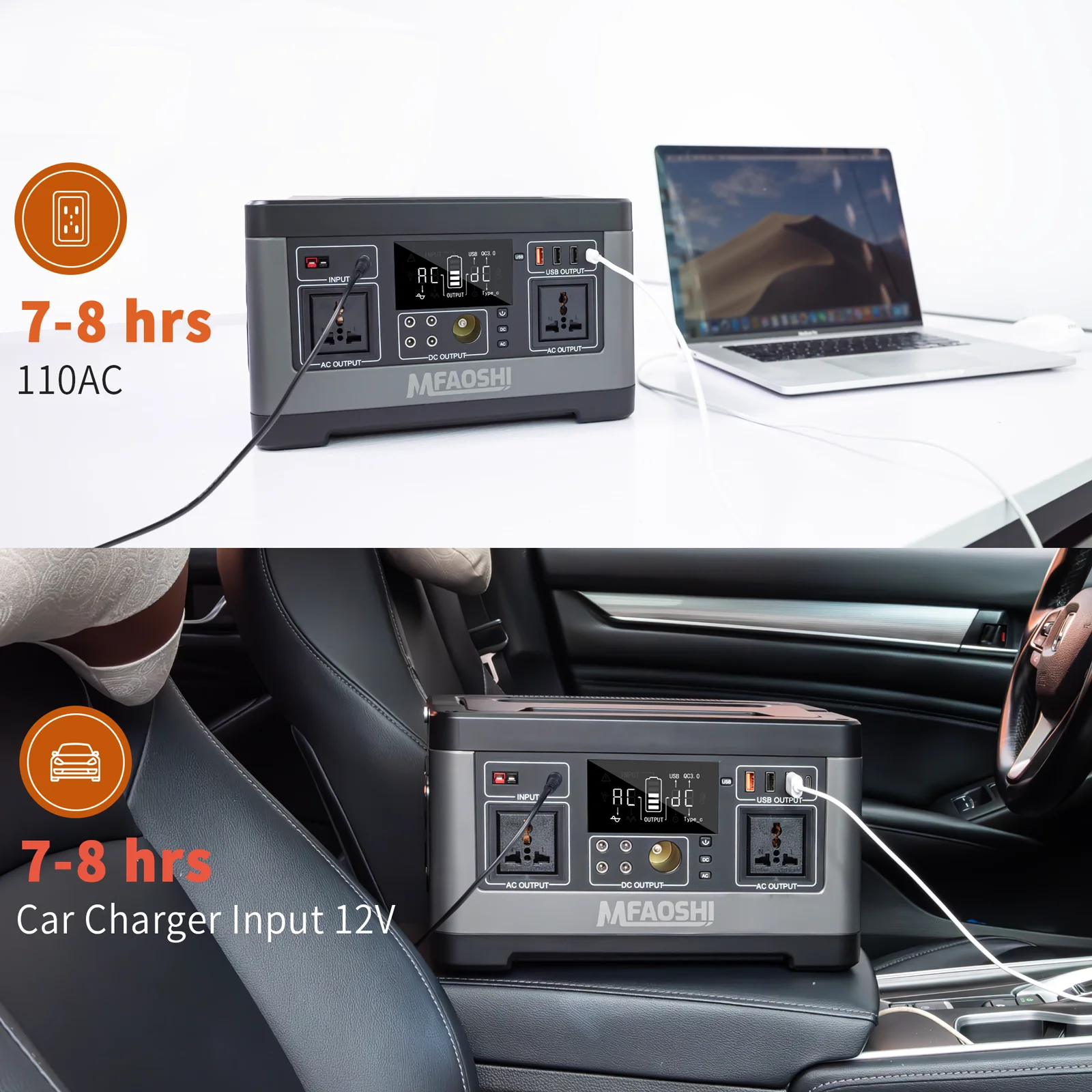 MFAOSHI 500W 520Wh Portable Power Station with AC 110V, 3-Port 12V DC Dual USB Sockets for CPAP Home Camping Emergency Backup.