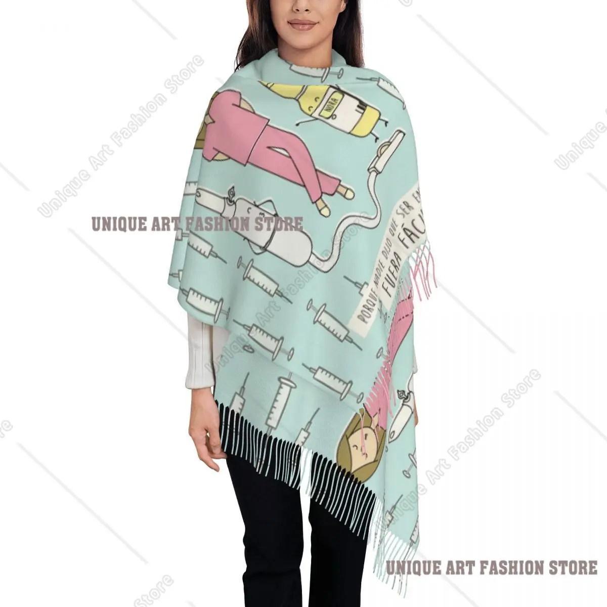 

Custom Luxury Cartoon Ladies Nurse Doctor Printed Tassel Scarf Women Winter Fall Warm Shawls Wraps Lady Scarves