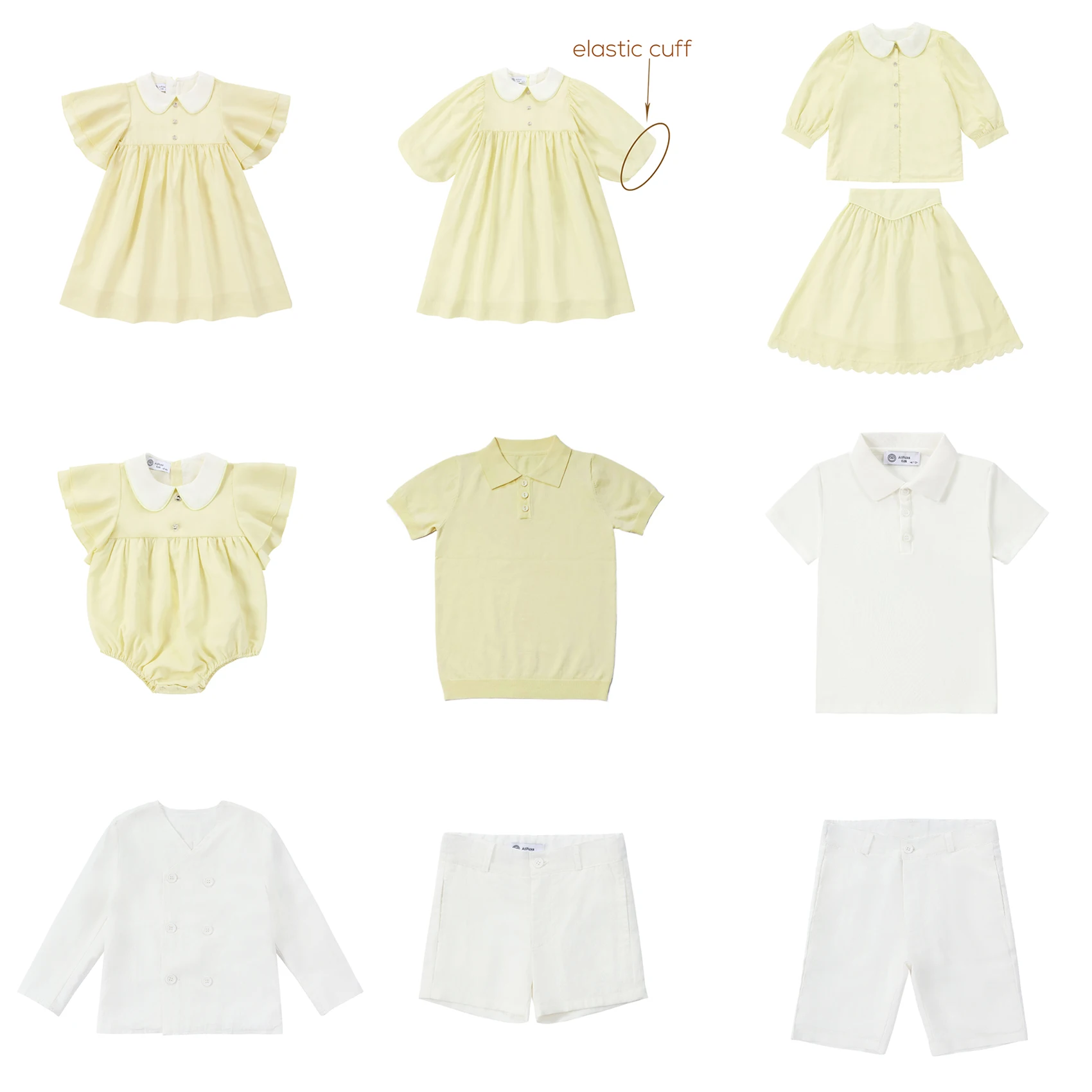 AP Buttercup Collection 2025SS Mädchenkleid, elegantes 2-teiliges Set für Kinder, süßer Baby-Strampler, gestricktes Polo, Jungen-Blazer-Shorts