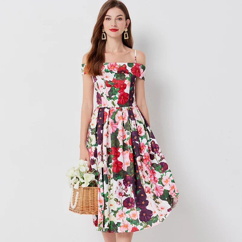 New Summer gherour Flower Print Vacation Midi Dress Fashion Women Slash Neck Spaghett Strap vita alta pieghettato Boho Vestidos