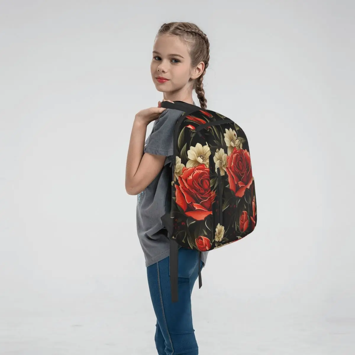 Realistic Red Rose In Dark Pattern Backpack Daypack Kids BookBag School Bag Shoulder Bags for Men Women