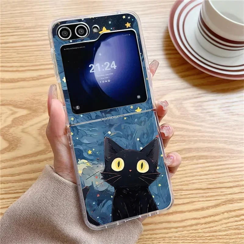 Funny Black Cat Starry Night Sky Case for Samsung Galaxy Z Flip6 ZFlip 5 5G Clear Hard Cover for Samsung ZFlip 4 Z Flip 3 Fundas