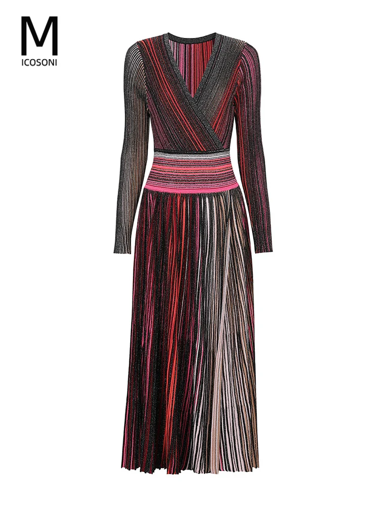 

Micosoni Italian Style High-Quality Slimming Long Sleeve Striped Knitted Dress Elegant Ladylike Autumn New Arrival Split Design