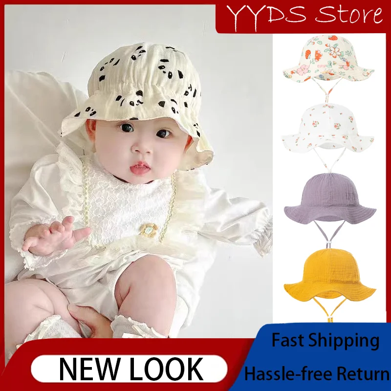 

3-12 Months Baby's Sunshade Fisherman Hat Adjustable Double Layer Wrinkled Cloth Kids Pure Cotton Printed Basin Hat