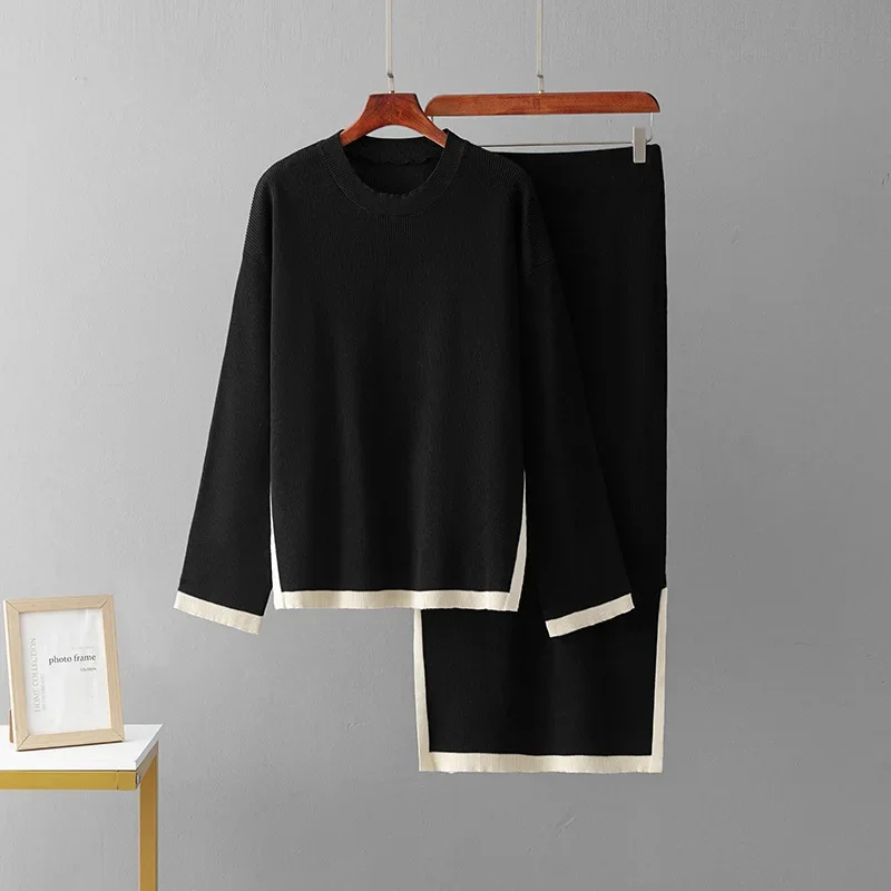 

Fashion Woman's Clothing Knitted Set O-Neck Full Sleeve Pullover+Midi Split Skirt Casual Loose 2-Piece Set Winter Women's Suit