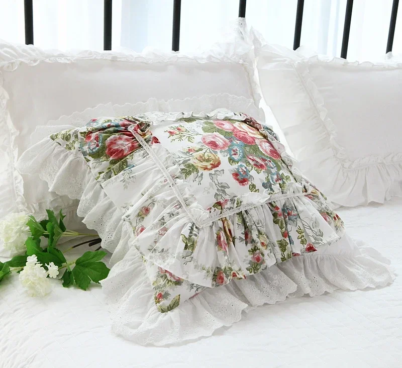 Top Luxury Khaki European Embroidery Cushion Cover Big Ruffle Lace Wrinkle Pillow Cover Cake Layers Princess Bedding Pillowcase