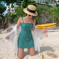 2024 Korean One-piece Swimsuit Female Sexy Skirt Dots Print Bandage Sling Swimwear Slip Dress Swimming Bathing Suit Monokini