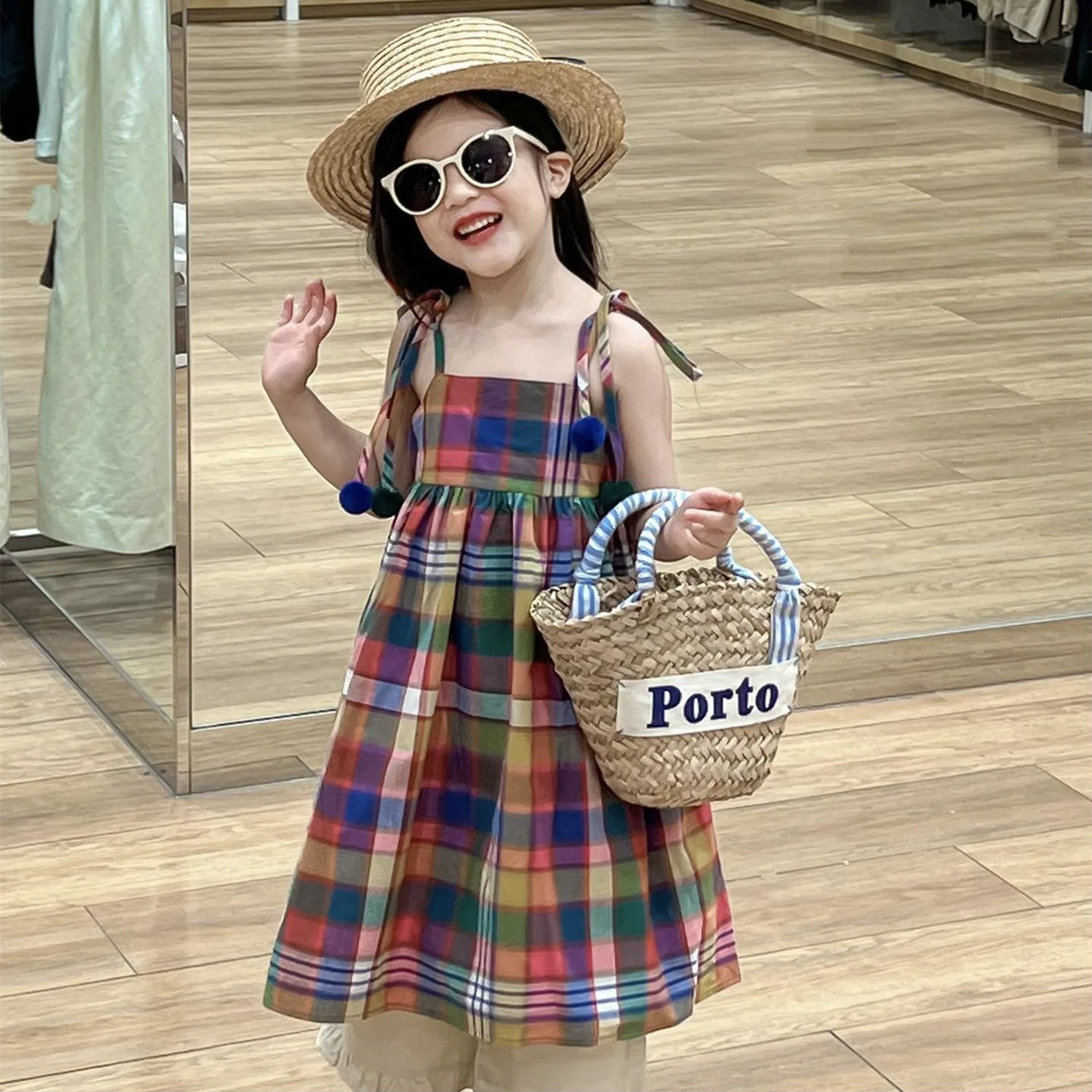 Girls Casual Dresses Summer Korean Childrens Clothing New Design Sense Hairball Lattice Sling Flower Edge 2024 Simple