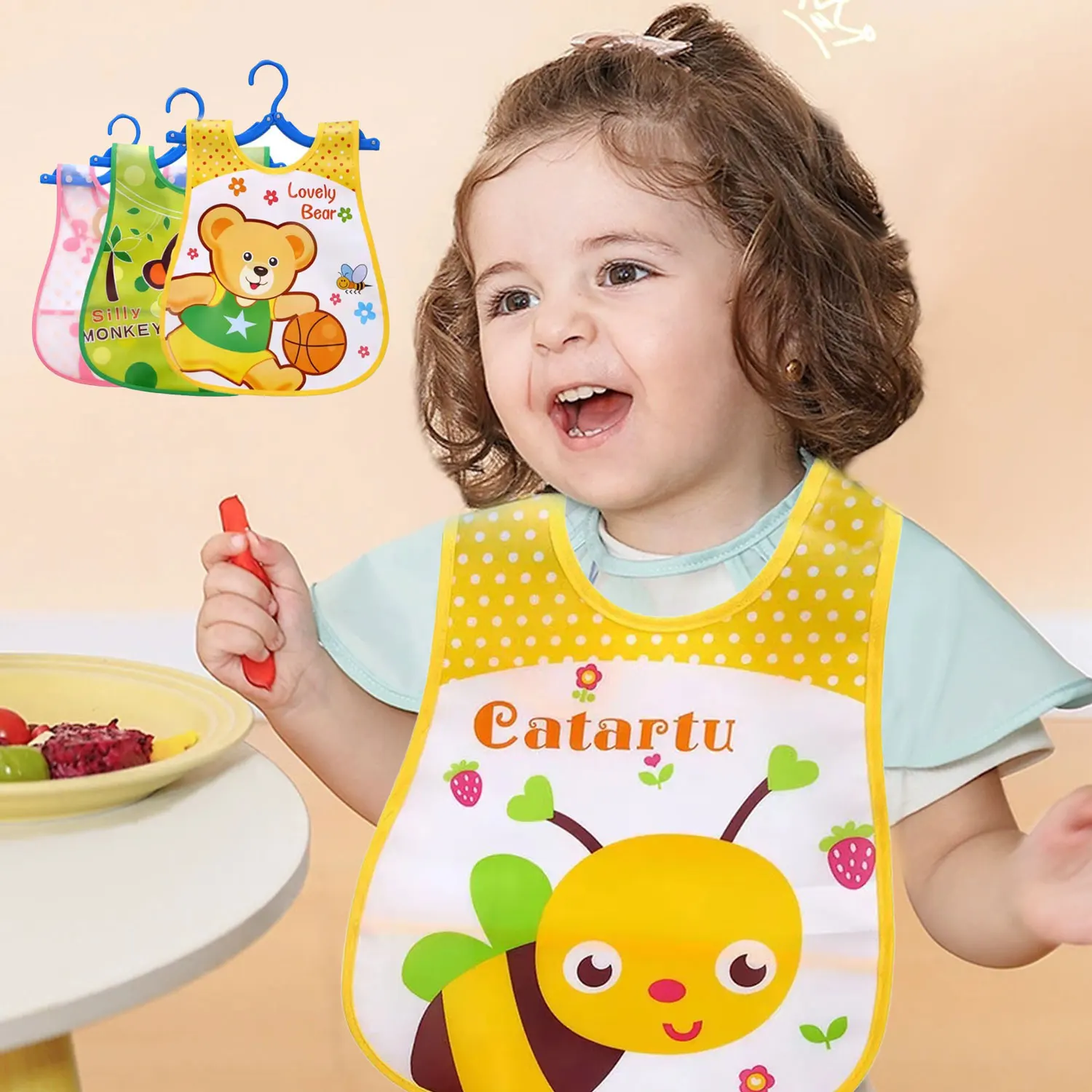 Cute Cartoon Waterproof Bib with Adjustable Elastic, Lightweight and Soft, Dining Apron for Kids, Oil Stain-resistant