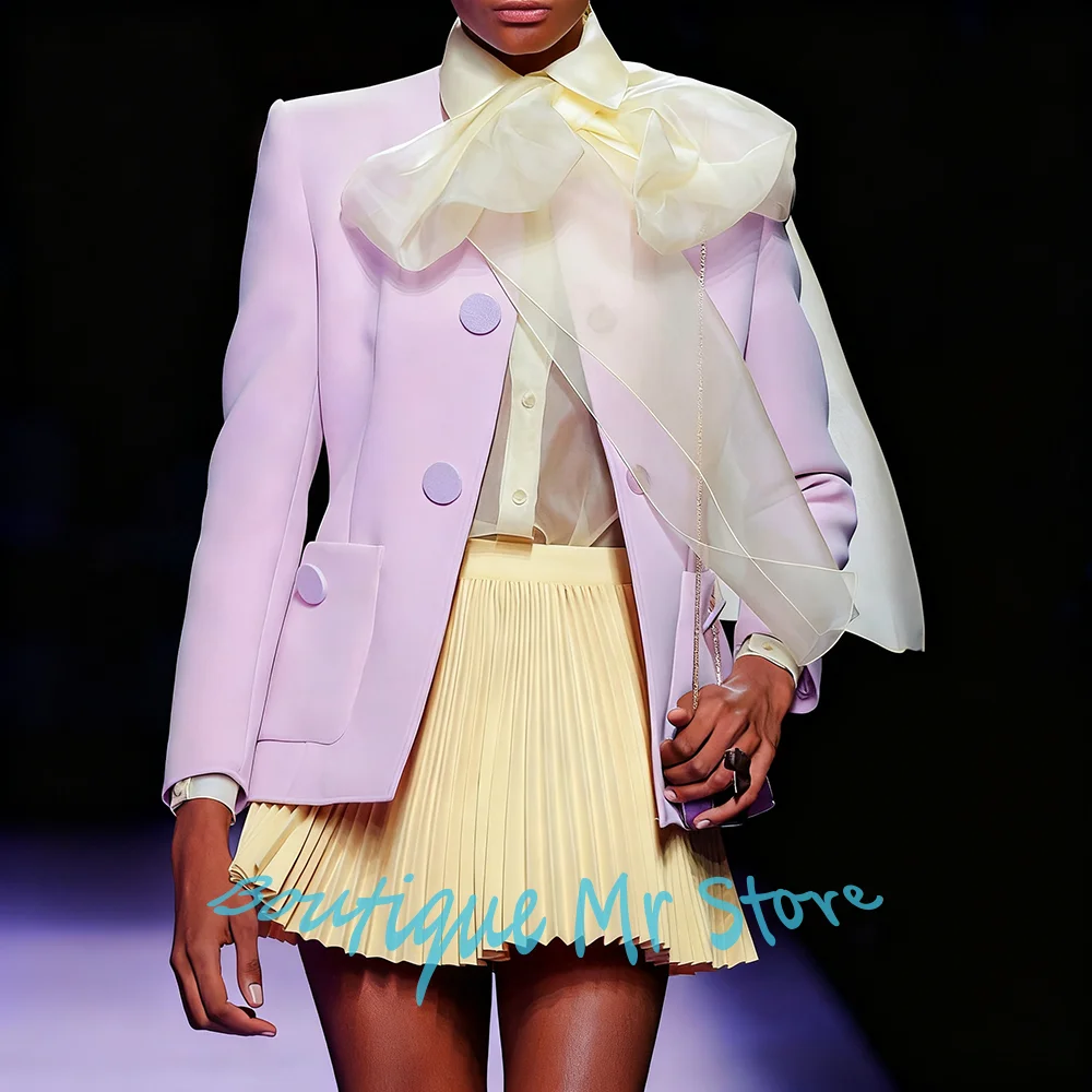 

Fashionable Women's Sweet Suit 2Piece Purple Single Breasted Blazer+Yellow Pleated Skirt Set Chic Streetwear Day-to-night Outfit