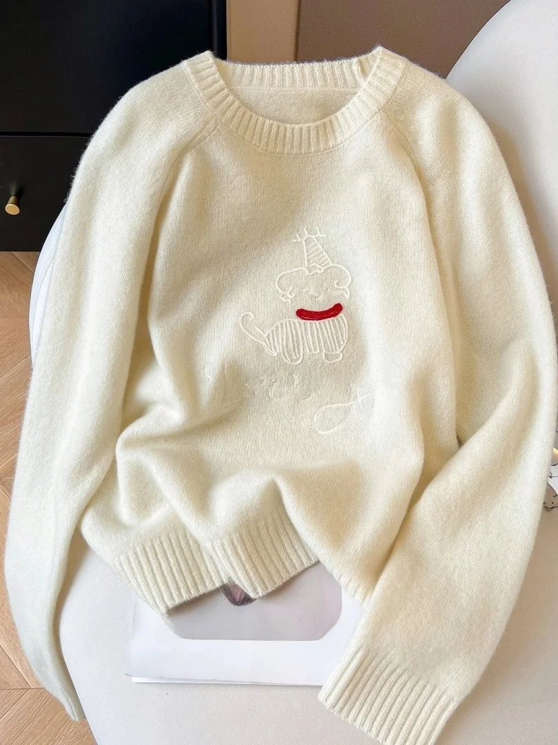 

Круглый трикотаж с вышивкой Ele, свободный крой, длинный женский свитер свека, элитный повседневный шикарный топ в европейском стиле