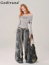 2024 Autumn New American Streetwear Fashion Student Jeans Hot Girl Loose Sliding Xingx Hole Wide-Leg Pants Women All-Match Jeans