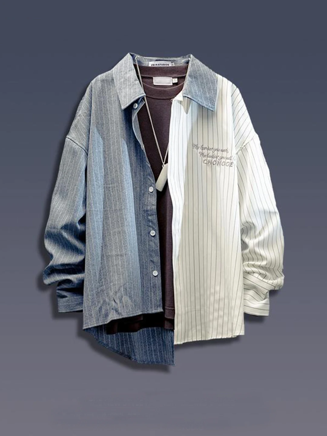 

Fall American High Street Asymmetric Long Sleeve Striped Shirt Men's Stylish Casual College Style Loose Outerwear Shirt