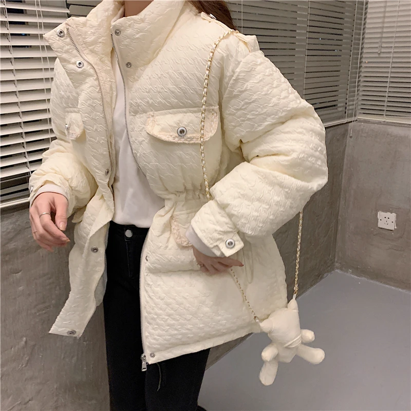 Houndstooth Pattern Stand Collar Down Cotton Padded Coat Women Winter Korean Drawstring Waist Beige Black Cotton Parkas Outwear