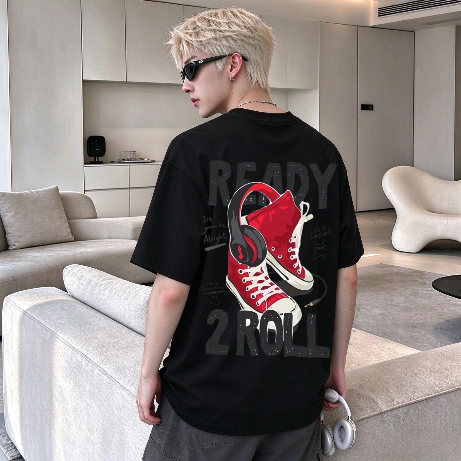 Y2K Men's Summer 100% Cotton T-shirt, Retro Sneaker Headphones Letter Print Street-Wear Autumn-Winter Underwear Casual Jacket