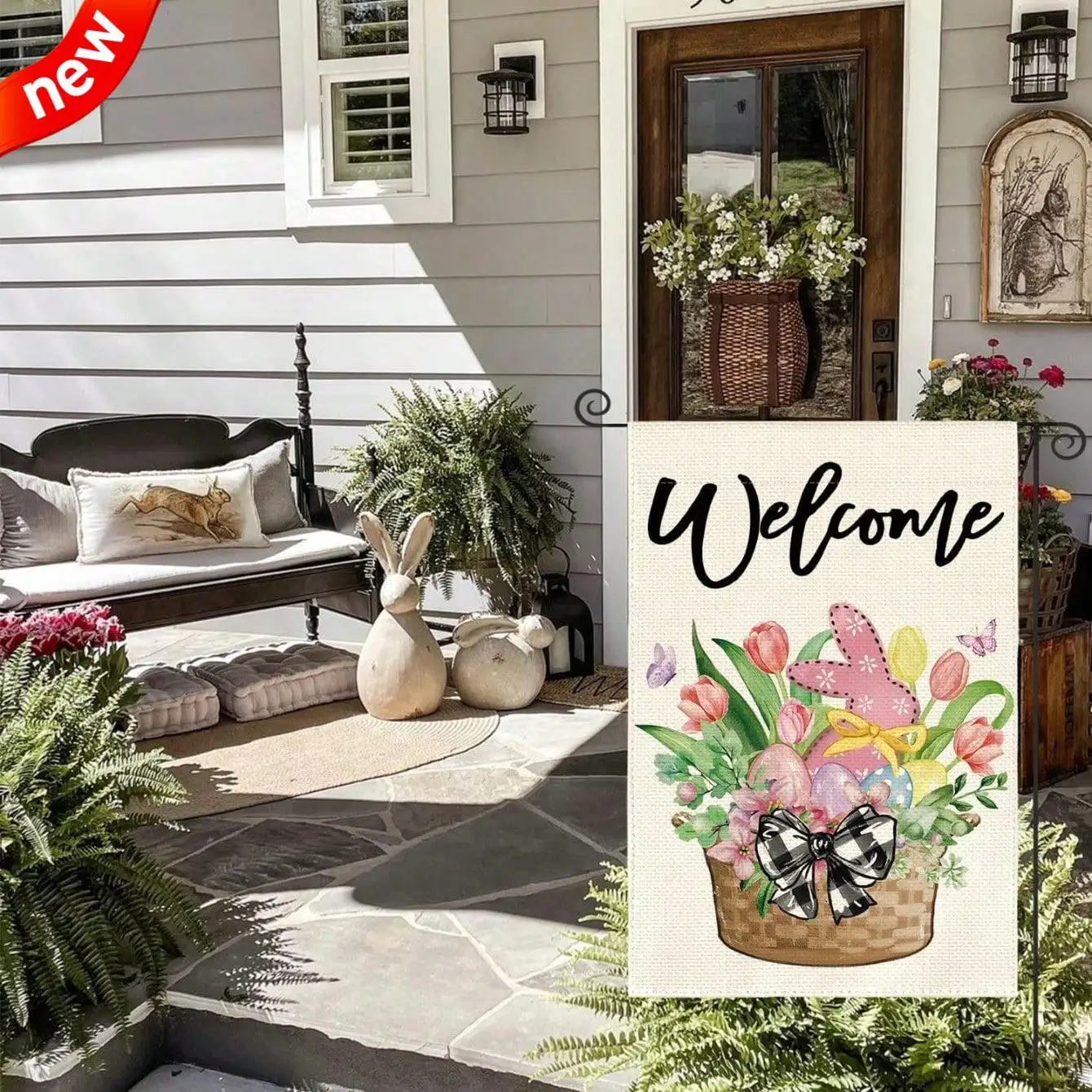 

Пасхальный садовый флаг с кроликом, двусторонний, 12x18 дюймов, вертикальный, с яркими тюльпанами, разноцветными пасхальными яйцами и дизайном с надписью «Добро пожаловать»