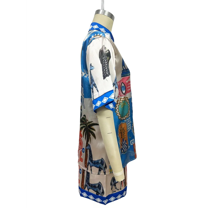 ABRT - Damskie 2-częściowe zestawy: codzienna koszula zapinana na guziki w kwiaty i szorty ze sznurkiem, letni komplet