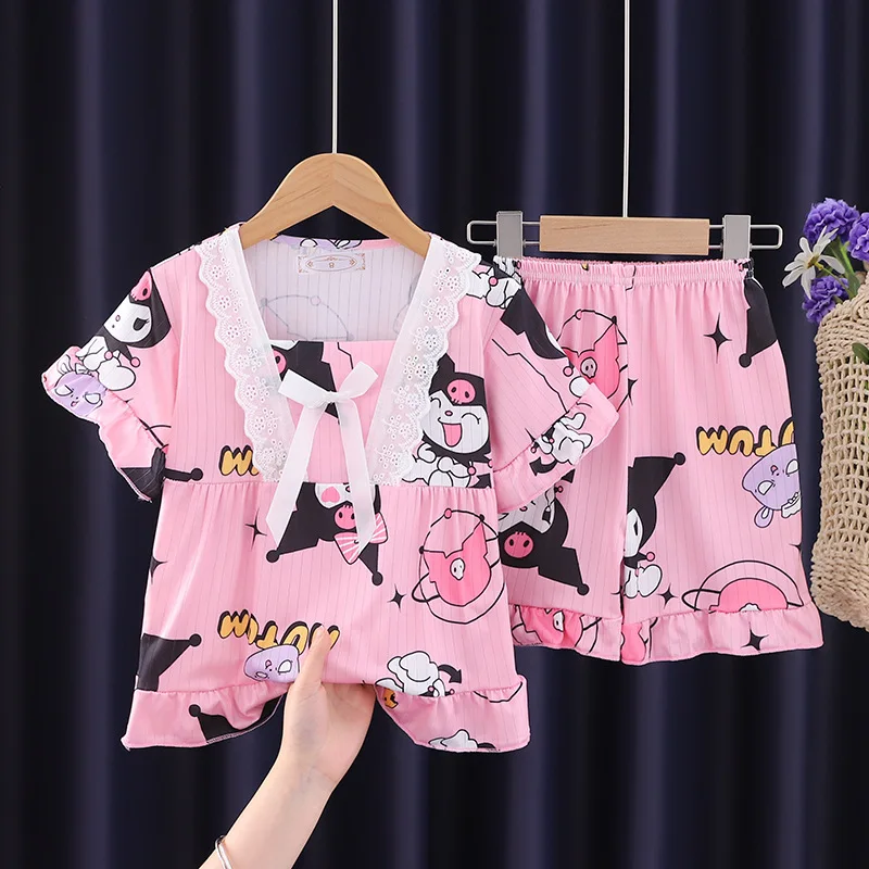 Kawaii Sanrio Kids Pajamas Suit Hello Kitty Cinnamoroll Short Sleeves Shorts Set Sleepwear Summer Girl Homewear Child Pants Suit