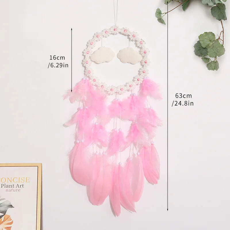 Macaron Cloud Daisy Handmade Dreamcatcher With Optional LED Fairy Lights, Natural Fluffy Feather Wall Hanging Ornament, Boho In