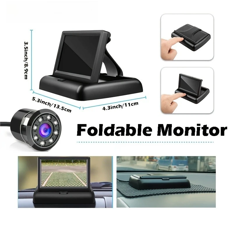 Car Backup Kit with Foldable Monitor | Rear View Camera LED Night Vision Vehicle Parking Assistant, Universally Applicable