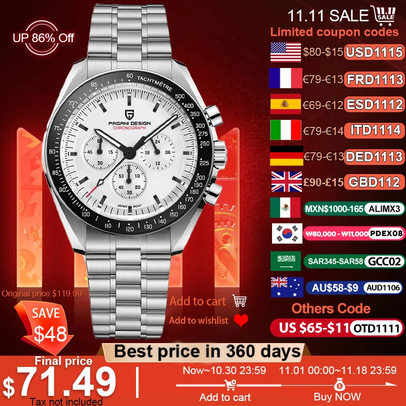 PAGANI DESIGN 2026 New V5 PD1701 Men's Watches Luxury Quartz Watch Men Sport Speed Chronograph AR Sapphire Glass 100M Waterproof