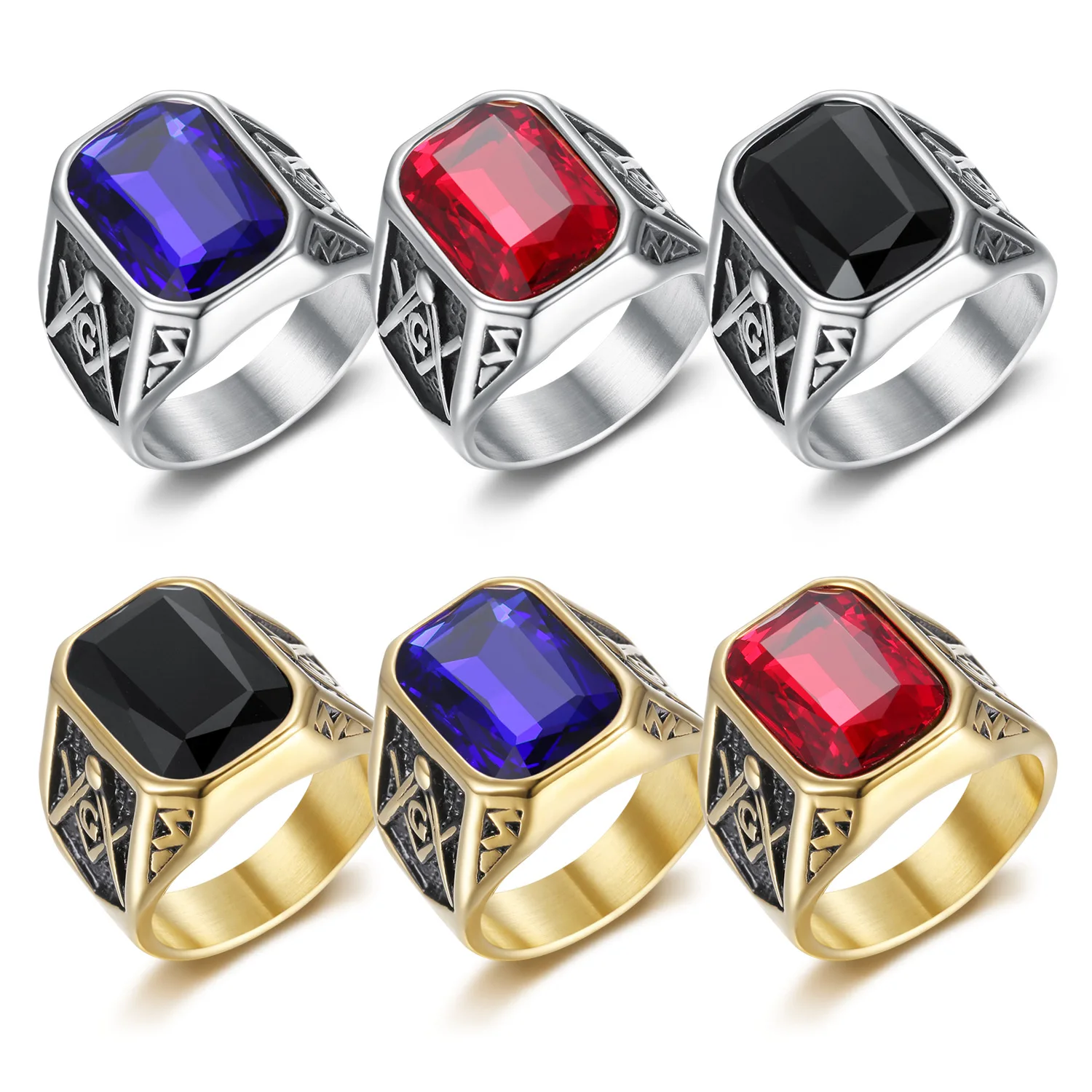 Punk Masonic Rings big stone For Men Sliver Color Stainless Steel Vintage AG Freemason Classic Jewelry Gifts Dropshipping