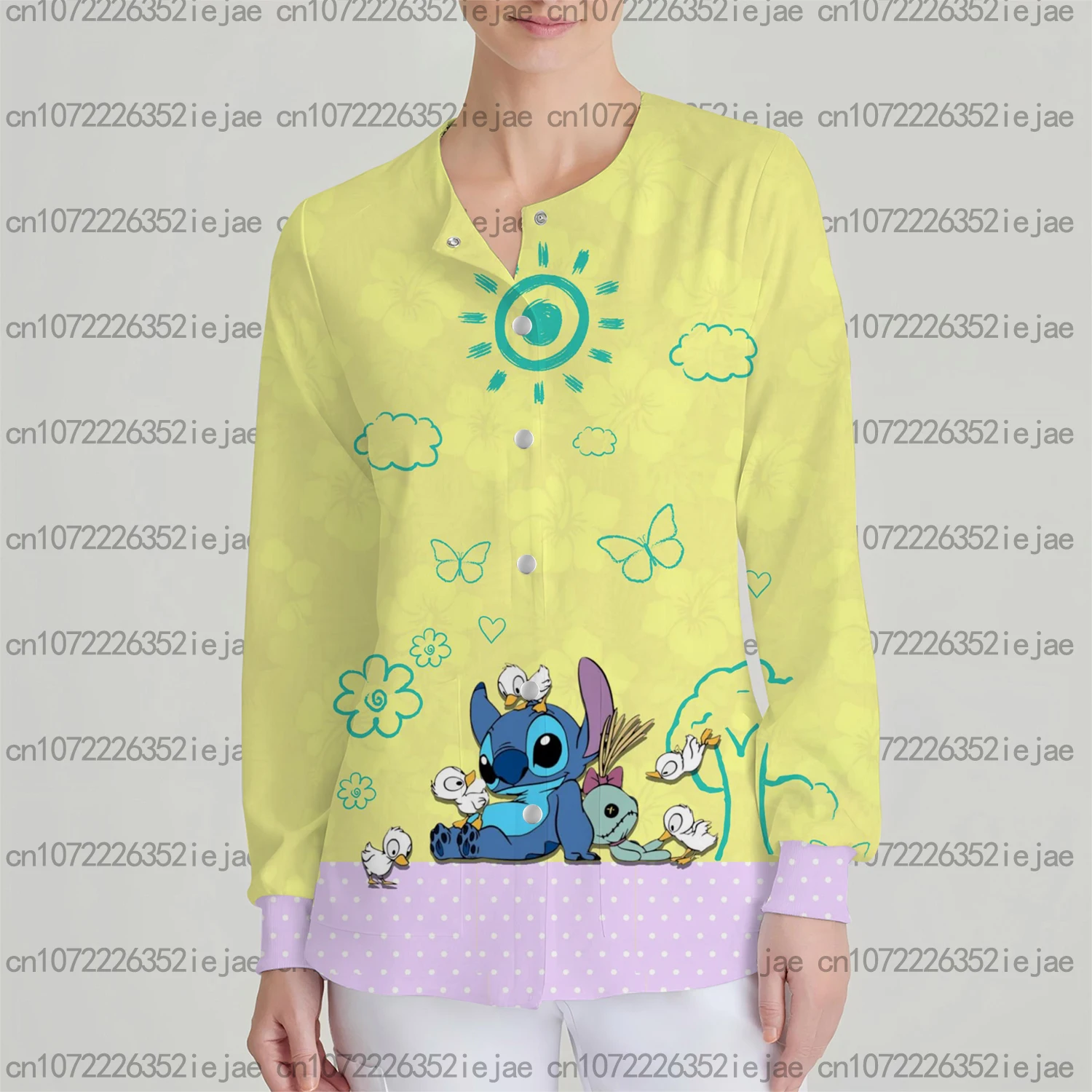 Abrigo de enfermera holgado informal con bolsillo y manga larga con estampado de Stitch de Disney para mujer, ropa de trabajo para dentista, bata quirúrgica, chaqueta exfoliante