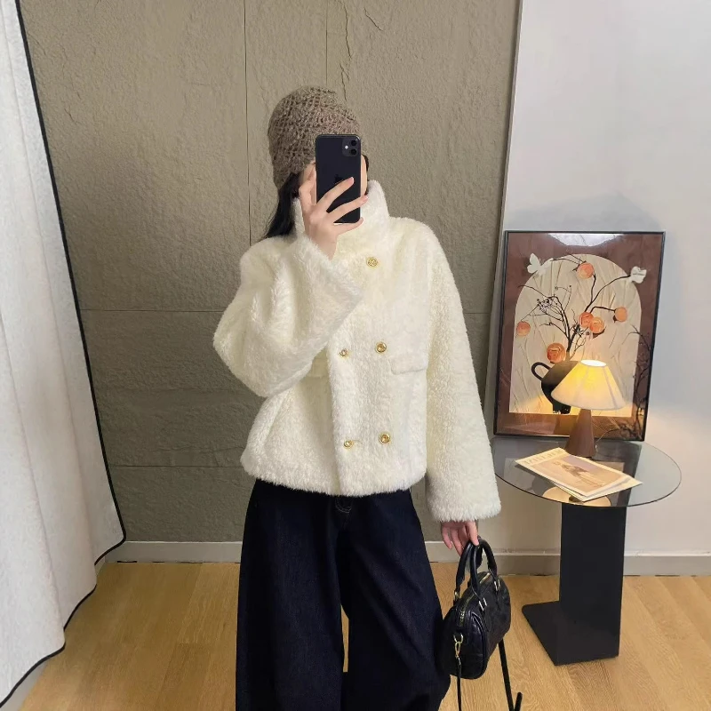 

Loose Faux Fur Warm Jacket for Women 2026 Winter New Double-breasted British-style Stand-up Collar Faux Mink Velvet Thickened