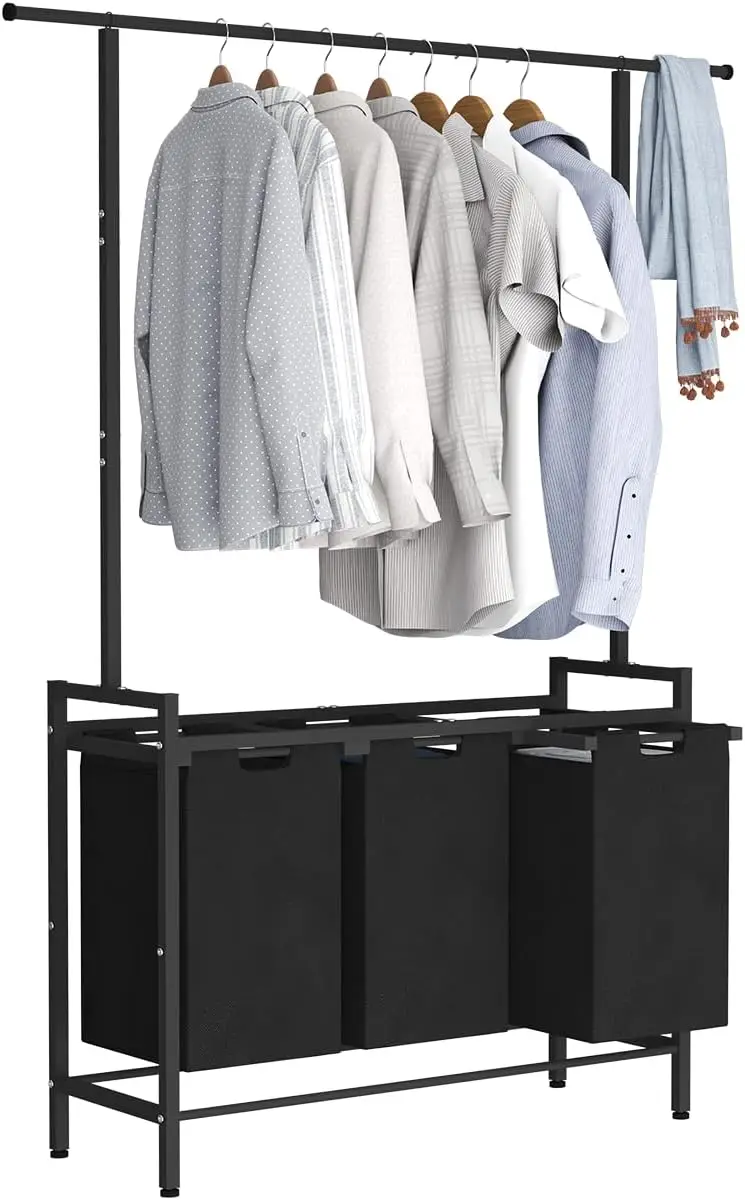 

Отдельностоящий органайзер для корзины для белья с подвесной планкой и 3 съемными сумками, черный