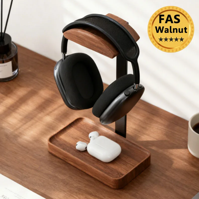 Solid Wood Headphones Stand Black Walnut+Aluminum Alloy Gaming  Headset Holder Desktop Bracket Display Shelf with Storage Base