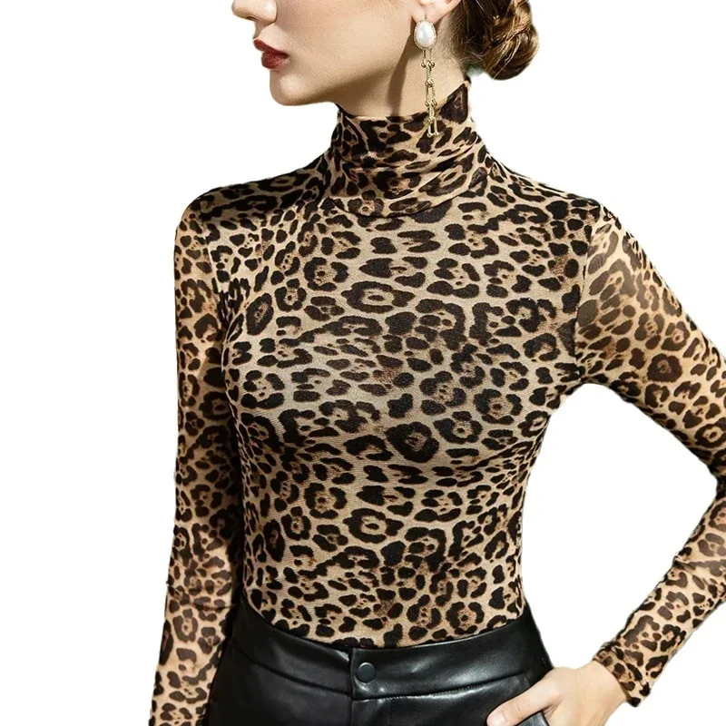 

Новинка 2023 года, женские осенние ультратонкие сетчатые топы с леопардовым принтом и высоким воротником, с длинными рукавами, женское термобелье, облегающий модный топ 2YK
