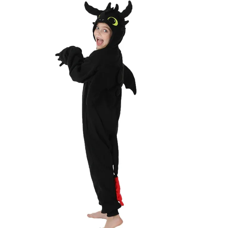 التنين الأسود الكرتون تأثيري قطعة واحدة منامة التنين الأبيض الحيوانات هالوين الفتيات Kigurumi أنيمي منامة