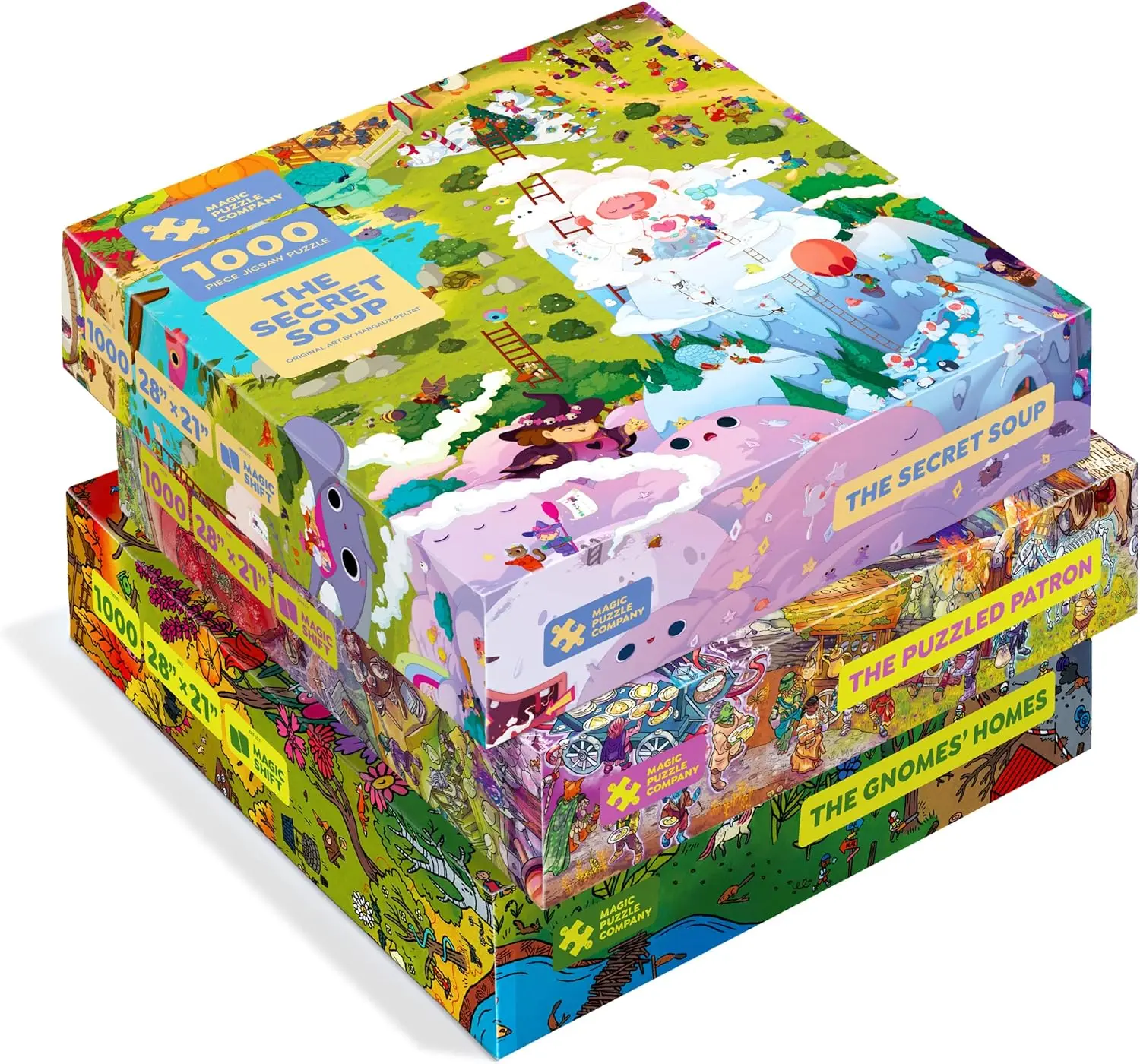 

3-Pack • Series Three • The Secret Soup, The Puzzled Patron, & The Gnomes' Homes • 1000 Piece Jigsaw Puzzles from The Magic Puzz