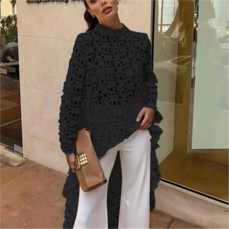 

2024 Fashion Women Sexy Hollow Out Pullover Lace Asymmetrical Loose Long Solid Ladies Jumper PulloverTops Blouse Tunic