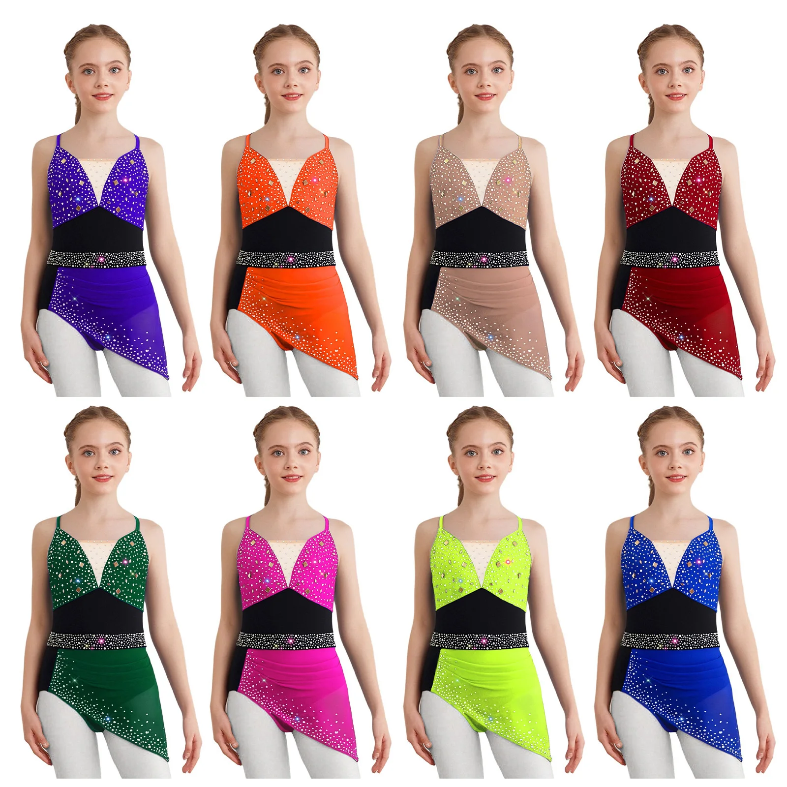 Robe de danse lyrique pour filles, Costume de spectacle artistique, patinage sur glace, gymnastique, strass scintillants, robe froncée