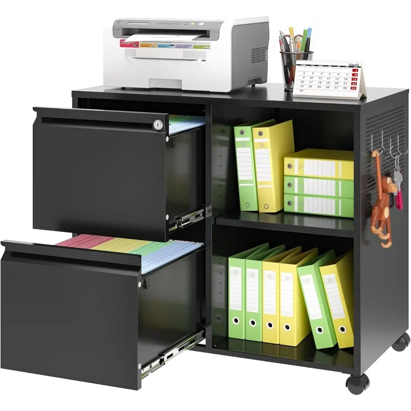 2-Mobile Filing Lock Lateral Printer Stand Open Storage Shelves Home Office (Black, Left )