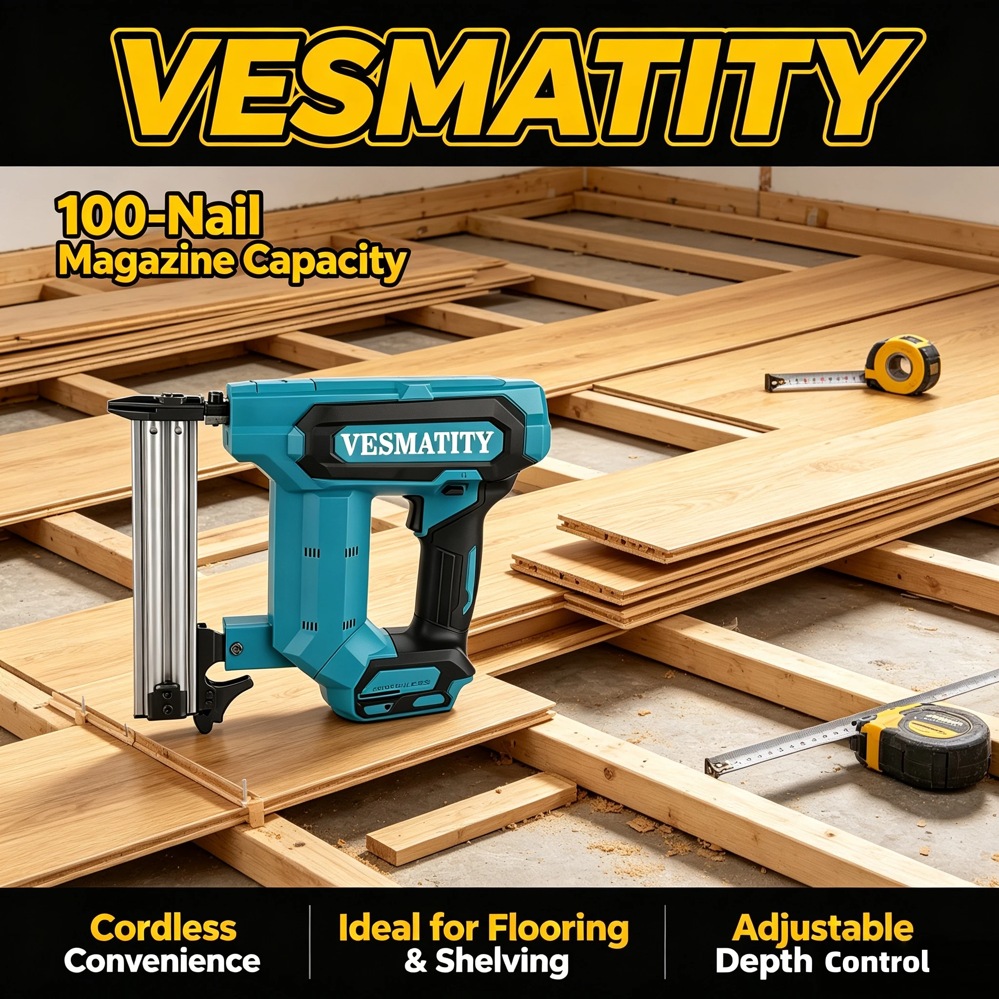 VESMATITY Heavy Nailer Tool Cordless Nail Gun 100-Nail for Flooring Shelving DIY Wood Projects For Makita Battery Pro Turbo