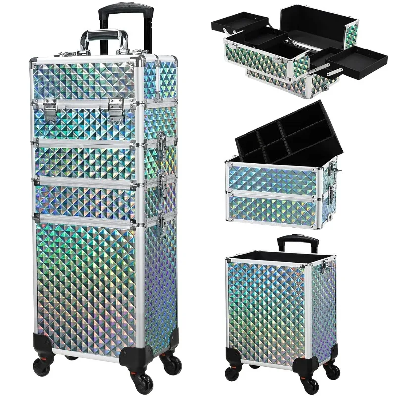 Rolling Makeup Train Case Large Storage Cosmetic Trolley 4 in 1 Large Capacity Trolley Makeup Travel Case