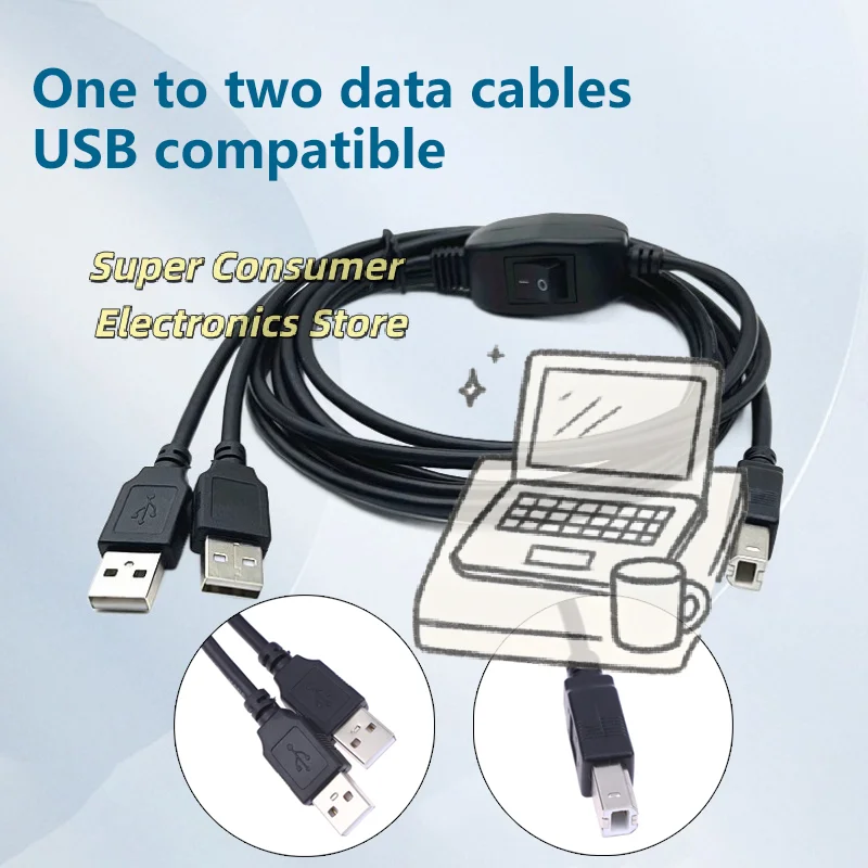 2-in-1 USB A to B Printer Sharing Cable – Male to Male Splitter Connects 2 Computers to 1 USB Printer, Compatible
