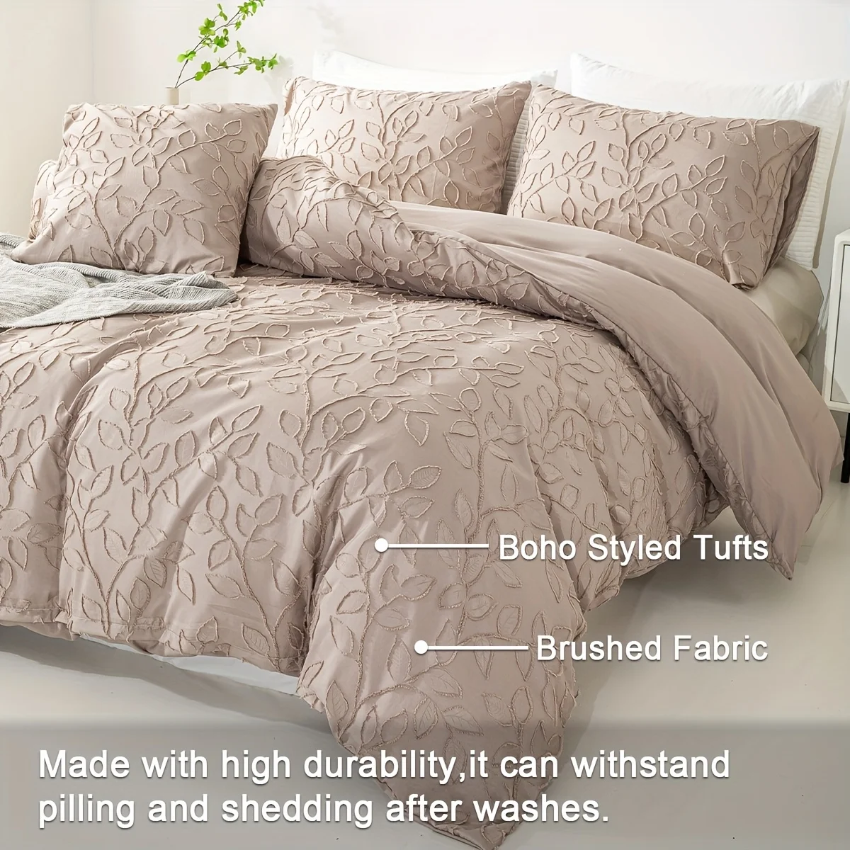 Off-White Leaf Tufted Duvet Cover 3-Piece Set, Soft Cream Bedding Set, Bohemian Style Embossed Floral Bedspread and Pillowcases, Available for Large/King/Single Beds
