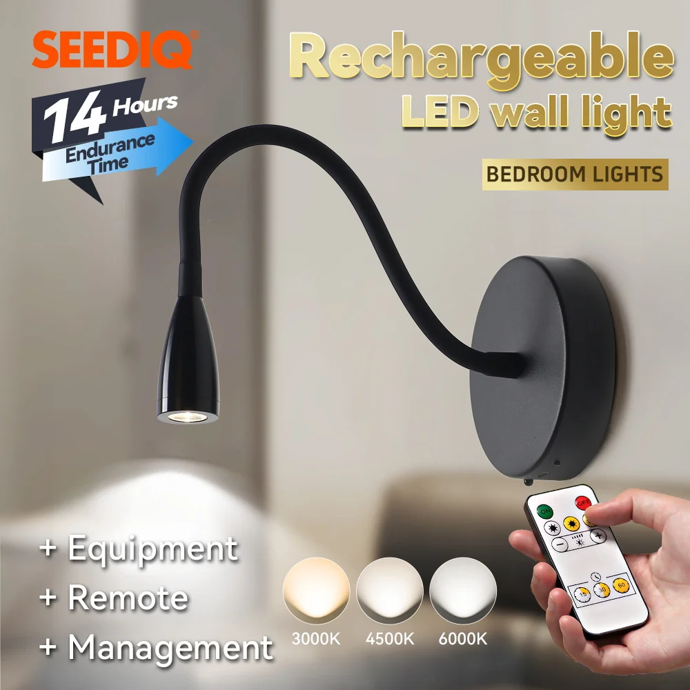 

Wireless Wall Light Black Bedroom Bedside Lamps with Remote 2200mAH Rechargeable LED Wall Lamp No Drill Wall Sconce