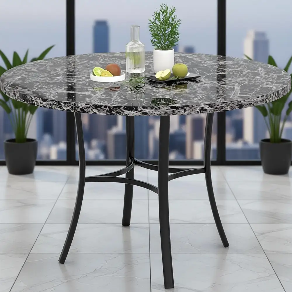 

Space-Saving Grey Faux Marble Round Dining Table for 4 with Metal Frame, Ideal for Kitchen and Apartment