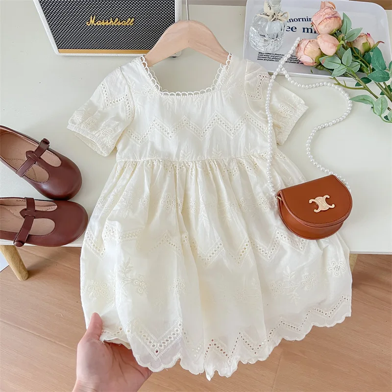 Girls Hollow Bubble Sleeve Dress Kids Round Neck Short Sleeve Solid Color Clothes Summer New Children\'s Lace Casual Frock 2-8Y