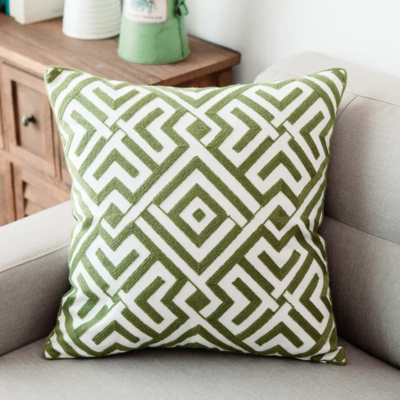Complementi Arredo Casa Emboridered Fodere Per Cuscini Verde Geometrica Tela di Cotone Suqare Ricamo Copertura Del Cuscino 45x45cm